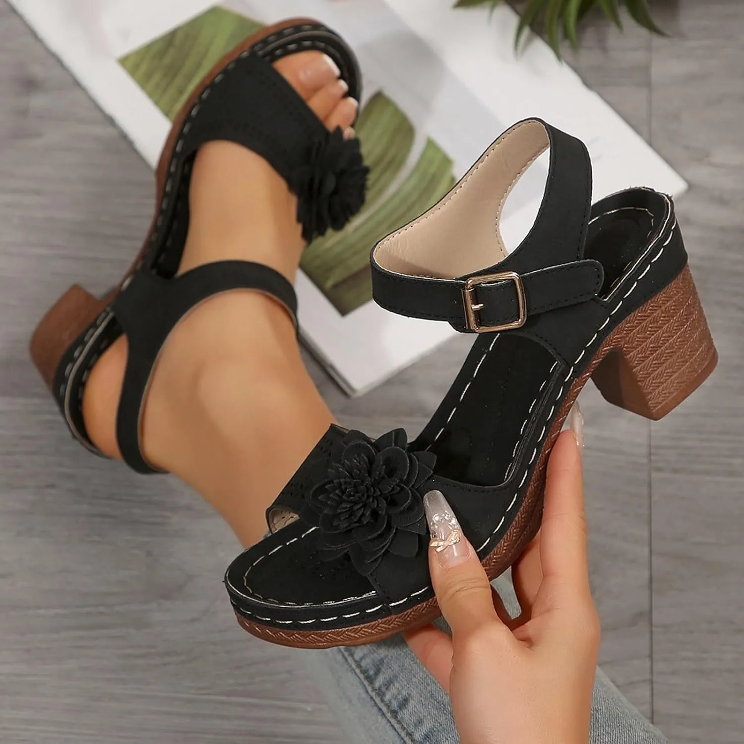 Platform Heels for Women 2025 Suede Chunky Heels Sandals Open Toe Block Heeled Sandals with Adjustable Straps Hollow Out Flowers Summer Shoes