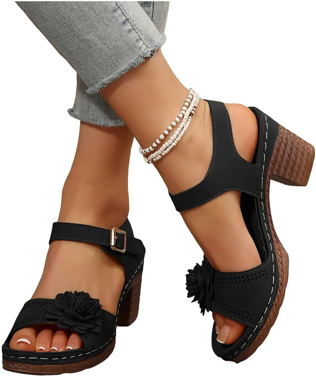 Platform Heels for Women 2025 Suede Chunky Heels Sandals Open Toe Block Heeled Sandals with Adjustable Straps Hollow Out Flowers Summer Shoes