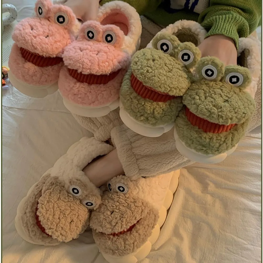Premium Comfort Thermal Cute Frog Animal Non Slip Women's Fuzzy House Slippers Indoor Soft Extra Warm Kawaii Shoes