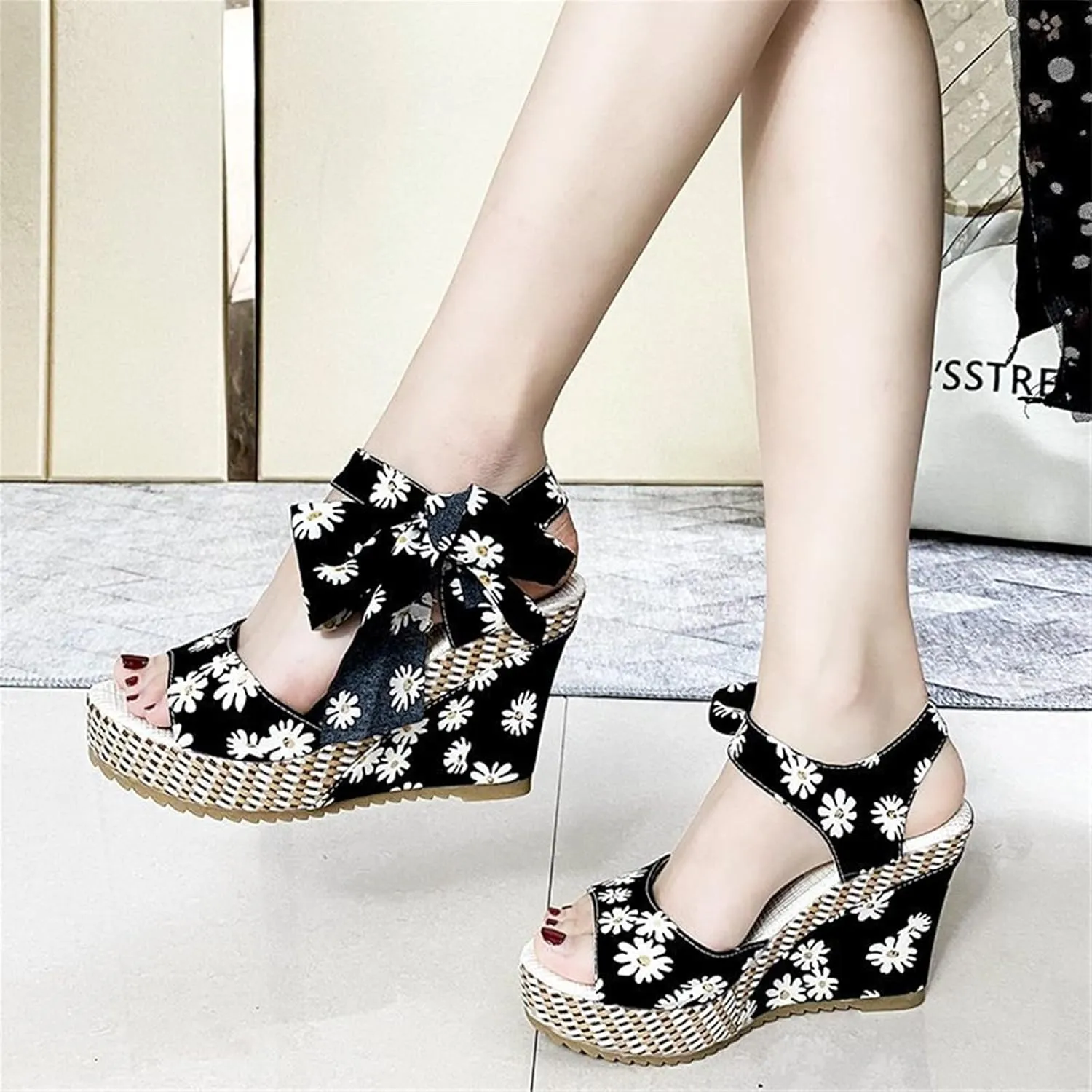 Retro Open Toe Wedges Sandals for Women Summer Fashion Ladies High Heels Platform Shoes Sandals Flowers Print Espadrilles