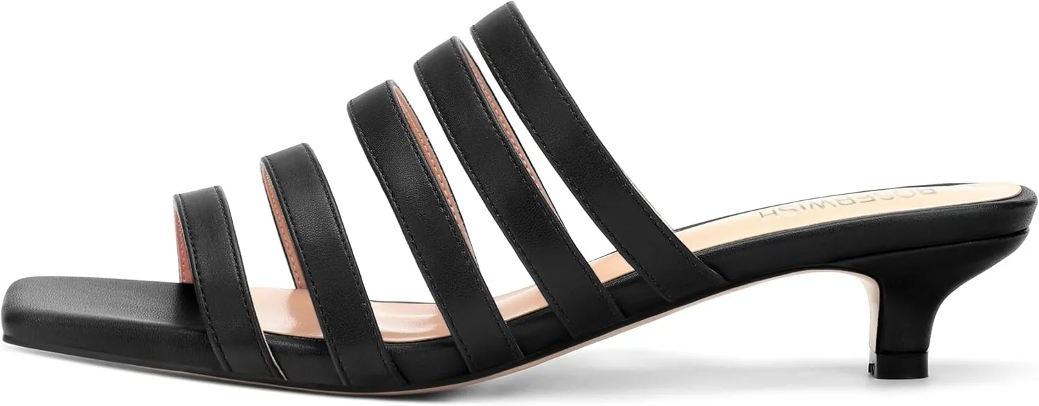ROSERWISH Women's Strappy Heels Square Open Toe Slip On Low Kitten Heel Slide Heeled Sandals for Daily Party Dress Shoes