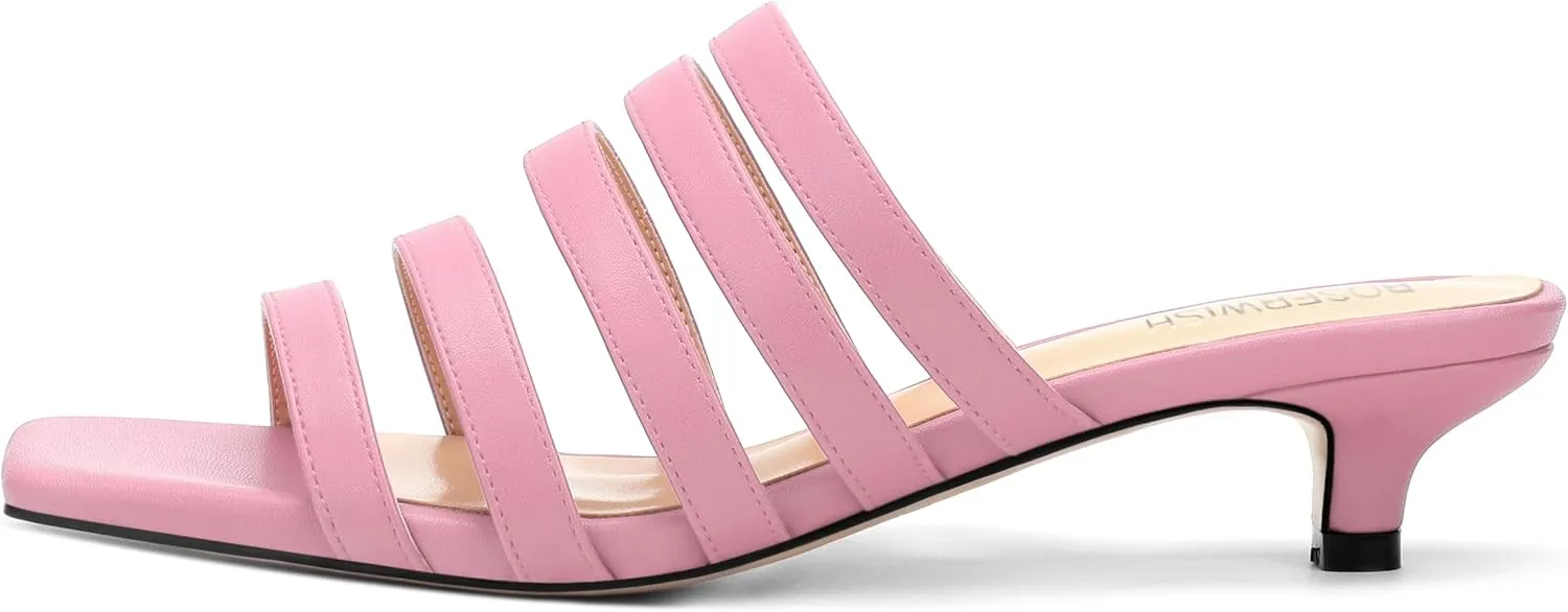 ROSERWISH Women's Strappy Heels Square Open Toe Slip On Low Kitten Heel Slide Heeled Sandals for Daily Party Dress Shoes