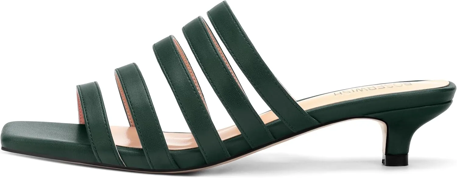 ROSERWISH Women's Strappy Heels Square Open Toe Slip On Low Kitten Heel Slide Heeled Sandals for Daily Party Dress Shoes