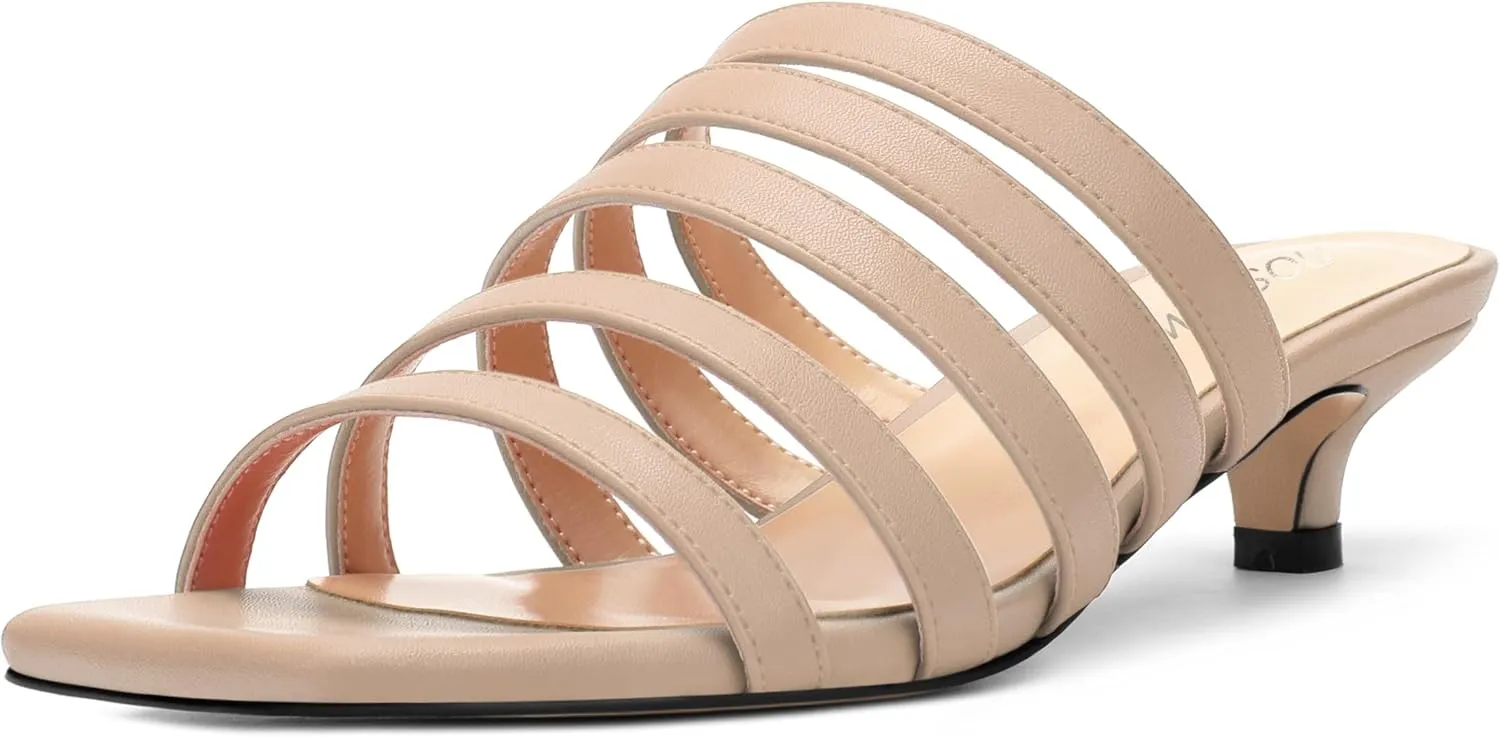 ROSERWISH Women's Strappy Heels Square Open Toe Slip On Low Kitten Heel Slide Heeled Sandals for Daily Party Dress Shoes