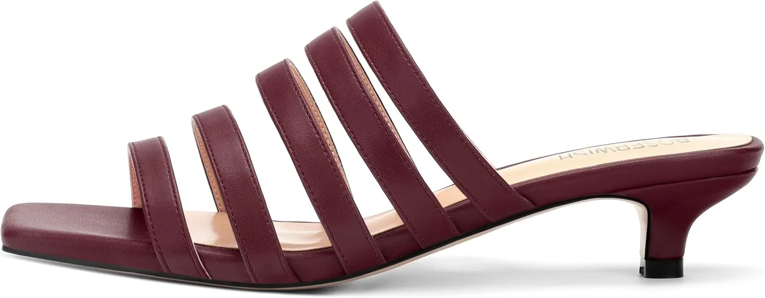 ROSERWISH Women's Strappy Heels Square Open Toe Slip On Low Kitten Heel Slide Heeled Sandals for Daily Party Dress Shoes