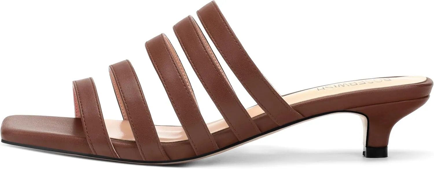 ROSERWISH Women's Strappy Heels Square Open Toe Slip On Low Kitten Heel Slide Heeled Sandals for Daily Party Dress Shoes