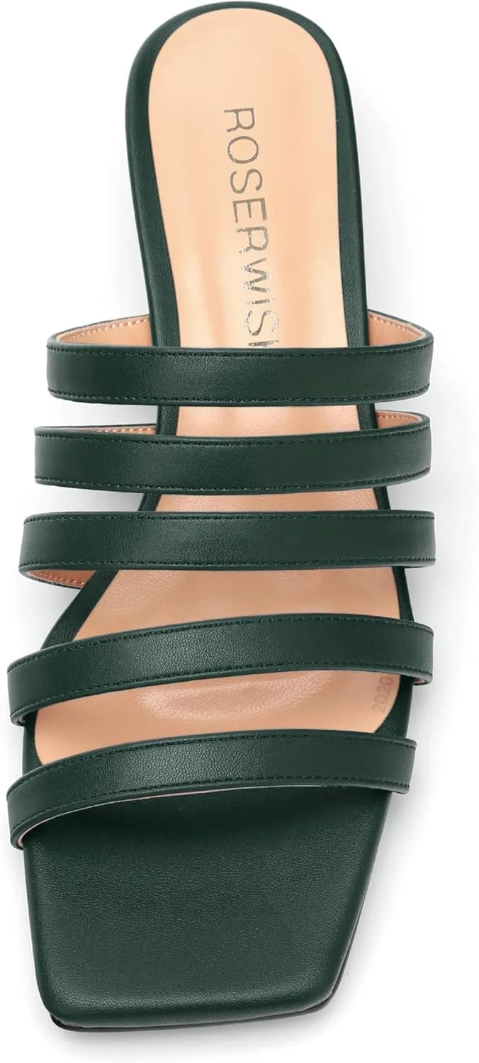 ROSERWISH Women's Strappy Heels Square Open Toe Slip On Low Kitten Heel Slide Heeled Sandals for Daily Party Dress Shoes