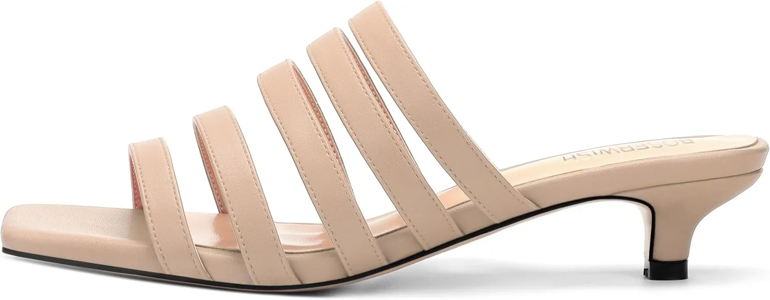 ROSERWISH Women's Strappy Heels Square Open Toe Slip On Low Kitten Heel Slide Heeled Sandals for Daily Party Dress Shoes
