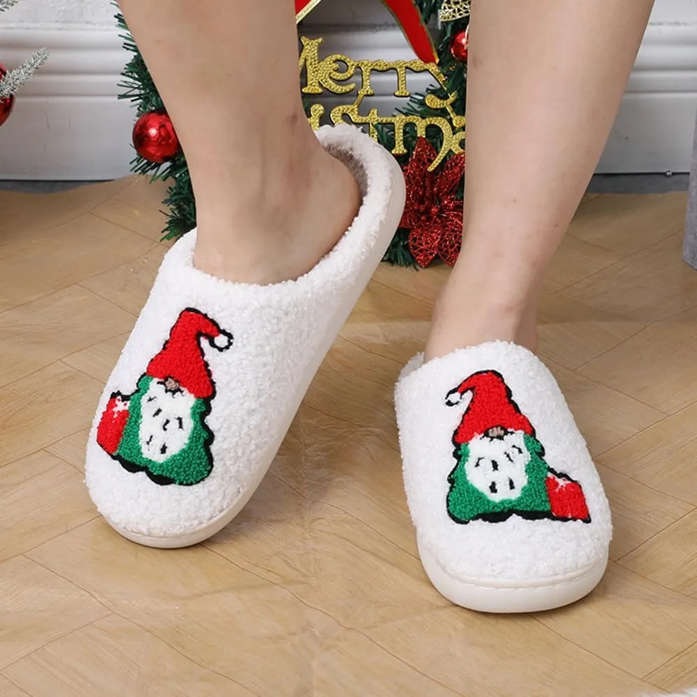 Rungion Furry House Slippers for Women Men Christmas Halloween Warm Soft Indoor Slippers Cute Elk Snowman Tree Winter Slides