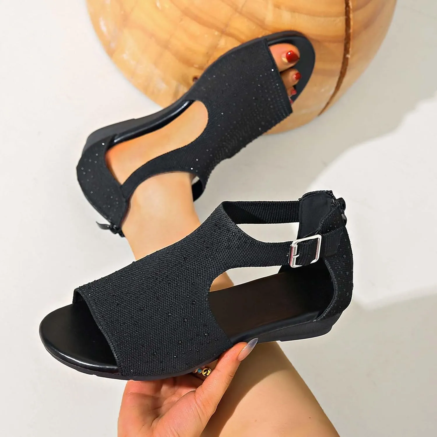 Sandals Women Travel Bohemia Sandals Summer Beach Back Zipper Sandal Hollow out Slip on Flat Sandal