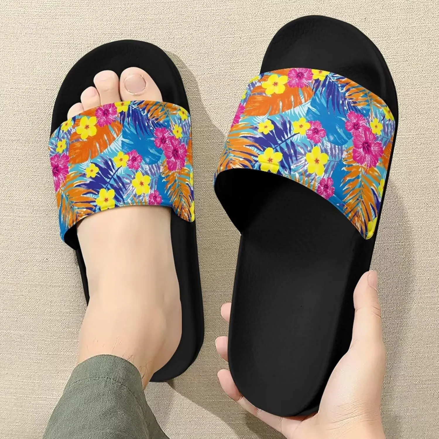 Slide Sandals, Beach Flats for Women, Comfotable Open Toe Non Slip Summer Shoes for Gym, Pool, Camping, Beach