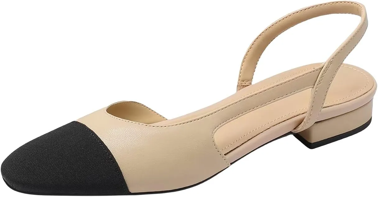 Slingback Flats for Women Square Pointed Closed Toe Low Heel Sandals Fashion Splicing Dress Elegant Casual Wedding Shoes Comfortable Lightweight Dressy Work Office Trendy Footwear