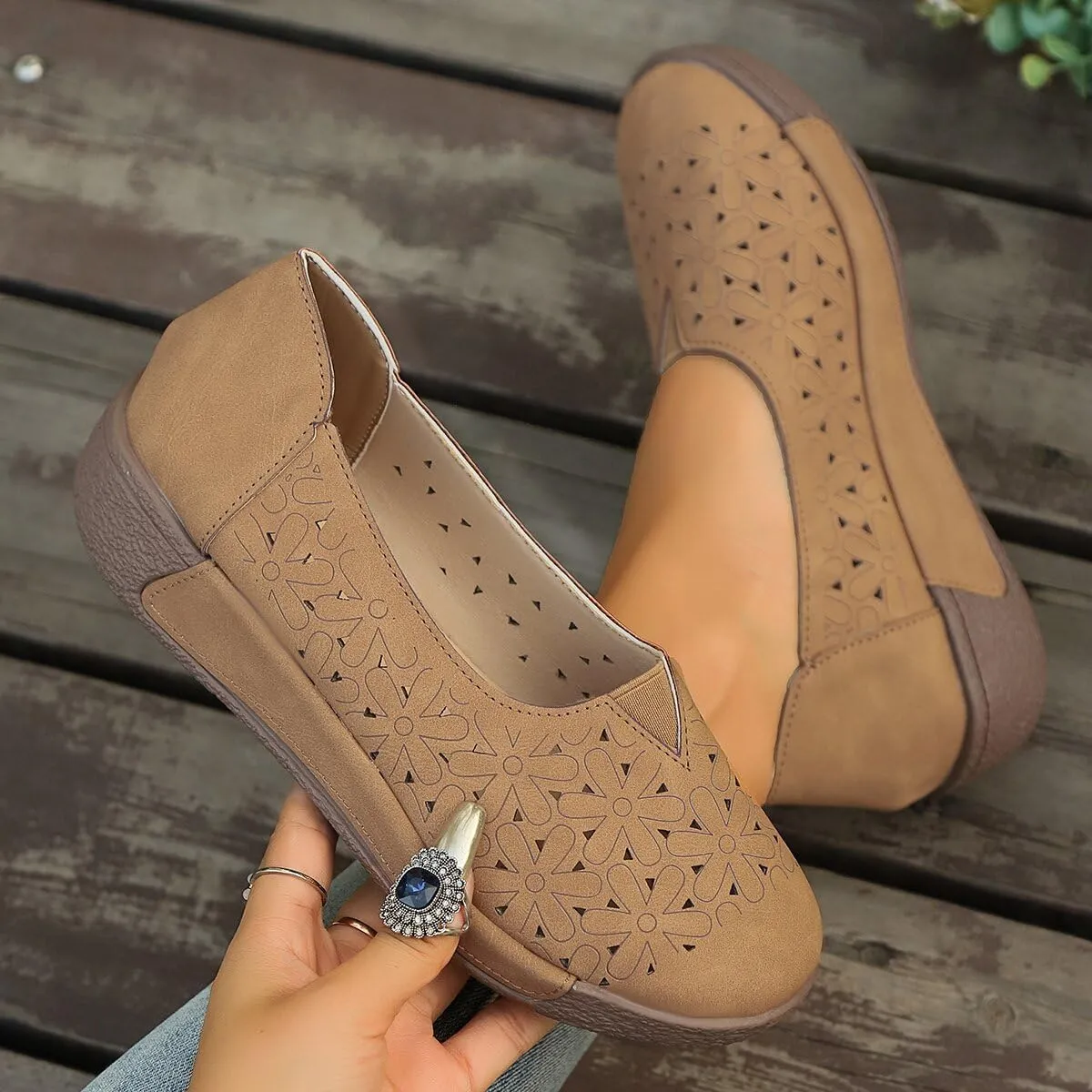 Smoneyful Womens Ballet Flat Daisy Round Toe Dressy Comfortable Slip On Rope Loafer PU Leather Summer with Diamond Eyelets