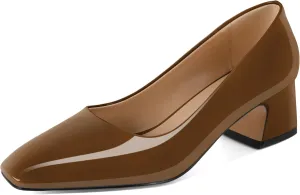 Soireelady Womens Chunky Block Heels Square Toe Low Heel Pumps Closed Toe Slip On Patent Classic Dress Shoes 2 Inches