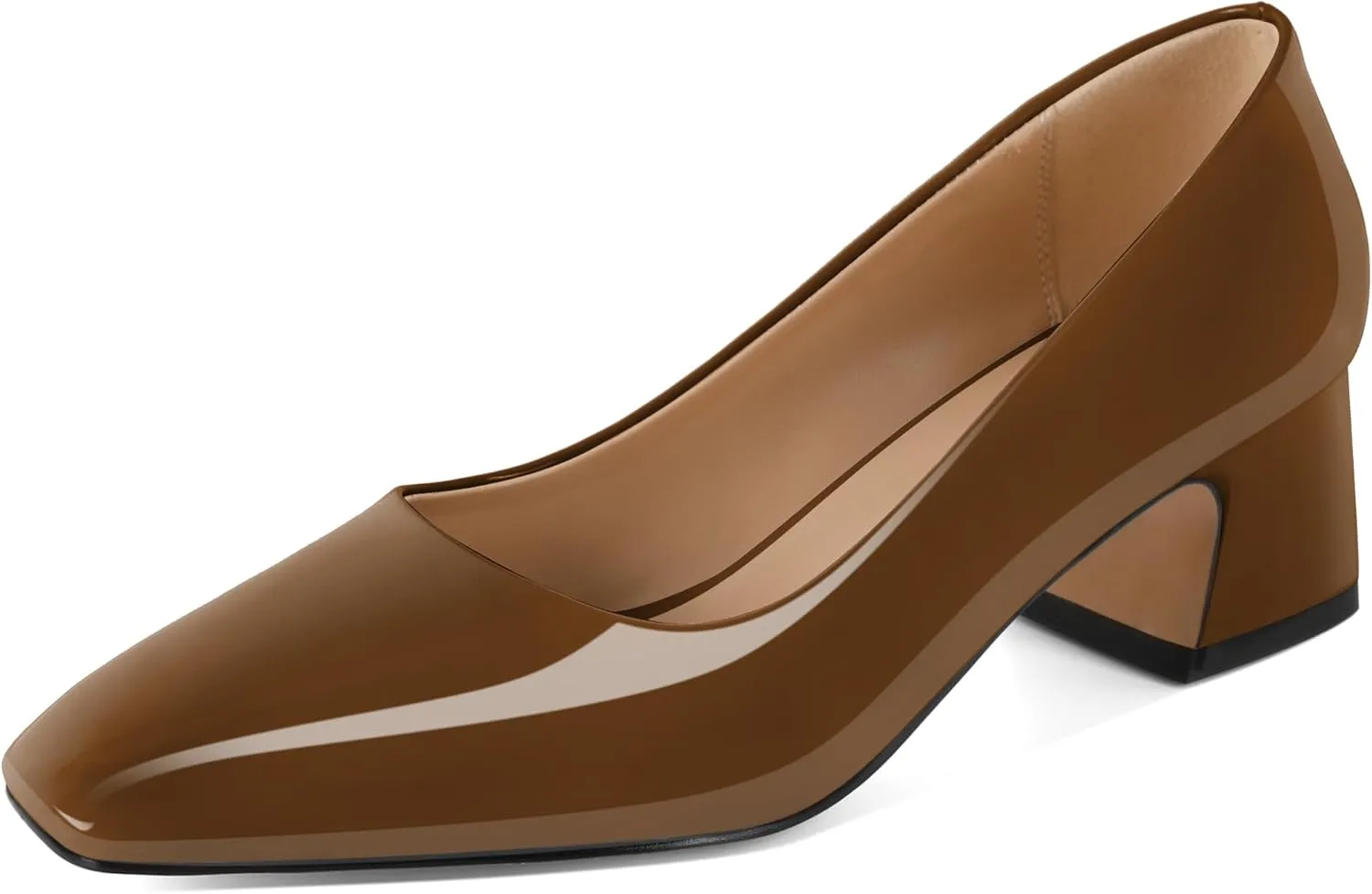 Soireelady Womens Chunky Block Heels Square Toe Low Heel Pumps Closed Toe Slip On Patent Classic Dress Shoes 2 Inches