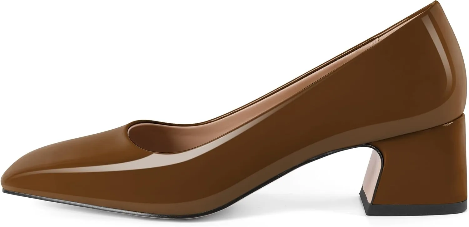 Soireelady Womens Chunky Block Heels Square Toe Low Heel Pumps Closed Toe Slip On Patent Classic Dress Shoes 2 Inches