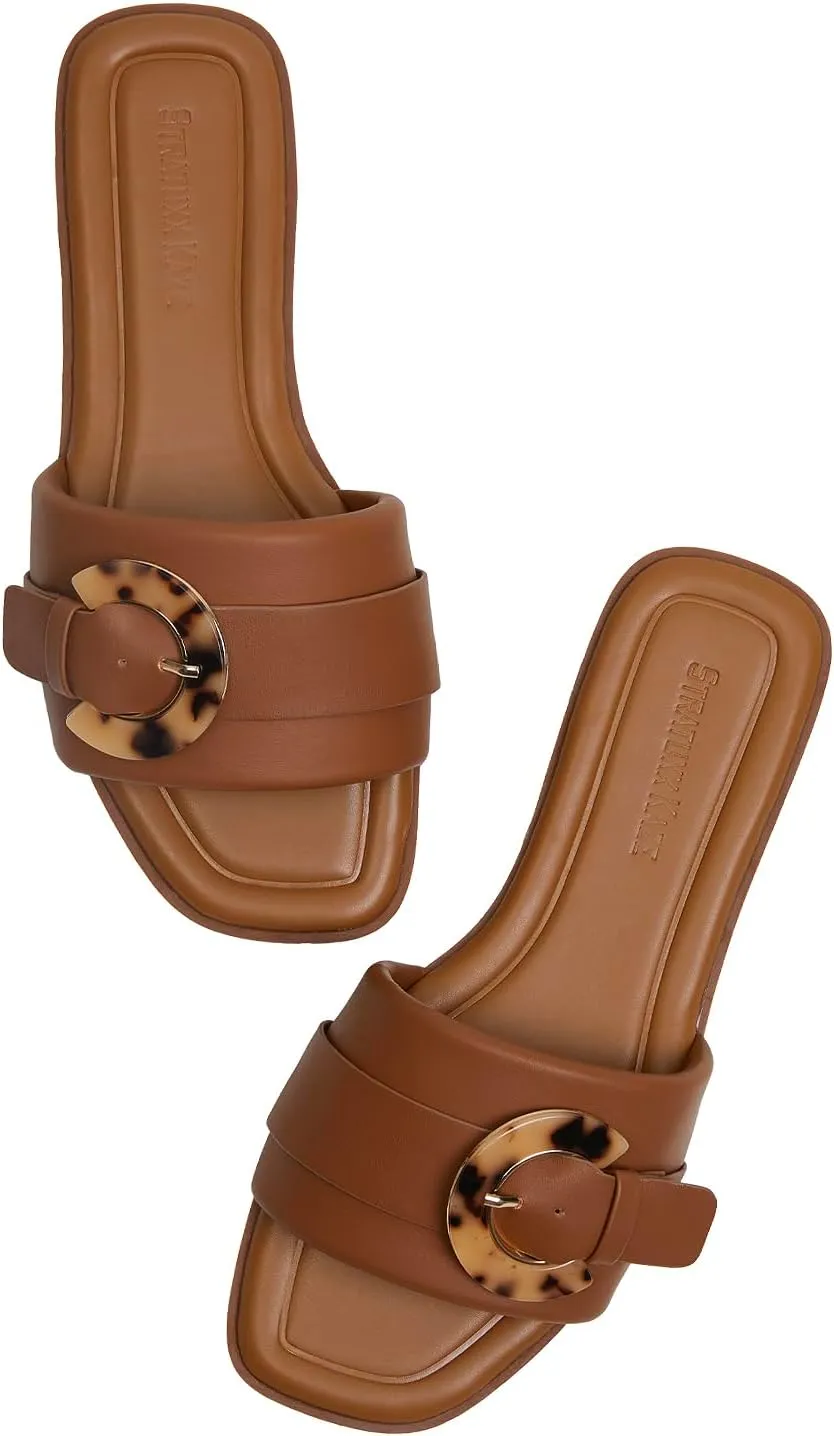 Stratuxx Kaze Women's Dressy Summer Flat Sandals Fashion Slip on Slides with Buckle for Women Sandals Size 5-11
