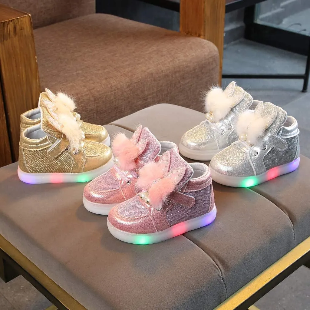 Toddler Baby Girls 𝐂artoon Rabbit Luminous Sport Shoes Fashion High Top Light Up Casual Walking Sneakers Toddler Girl Slip