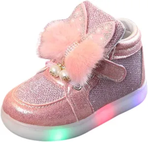 Toddler Baby Girls 𝐂artoon Rabbit Luminous Sport Shoes Fashion High Top Light Up Casual Walking Sneakers Toddler Girl Slip