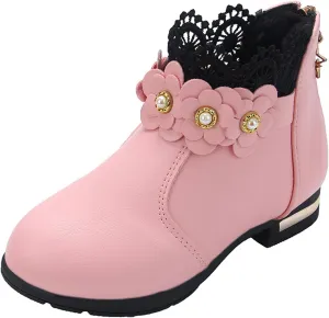 Toddler Boots Baby Girl Boy Warm ?aterproof Winter 3D Flowers Ankle Boots Leather Soft Sole (Pink, 1.5 Big Kids)