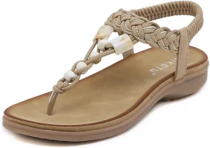 UIKGITP Bohemian Gemstones Summer Women Wedges Flat Sandals Slippers Beach Vintage Casual Flip Flops Elastic Ankle Strap T Strap Thong Strappy Comfortable Platform Slides Shoes