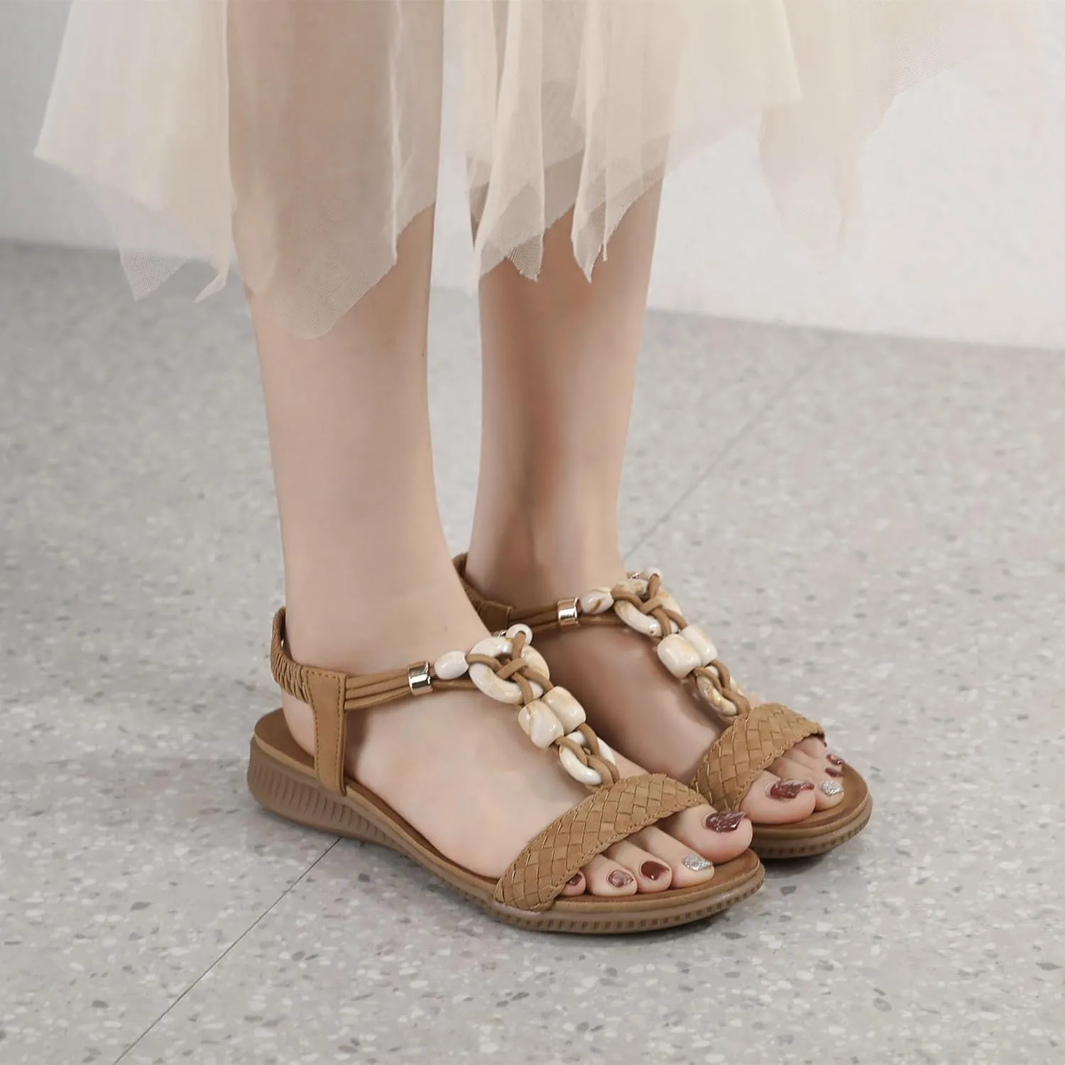 UIKGITP Bohemian Gemstones Summer Women Wedges Flat Sandals Slippers Beach Vintage Casual Flip Flops Elastic Ankle Strap T Strap Thong Strappy Comfortable Platform Slides Shoes