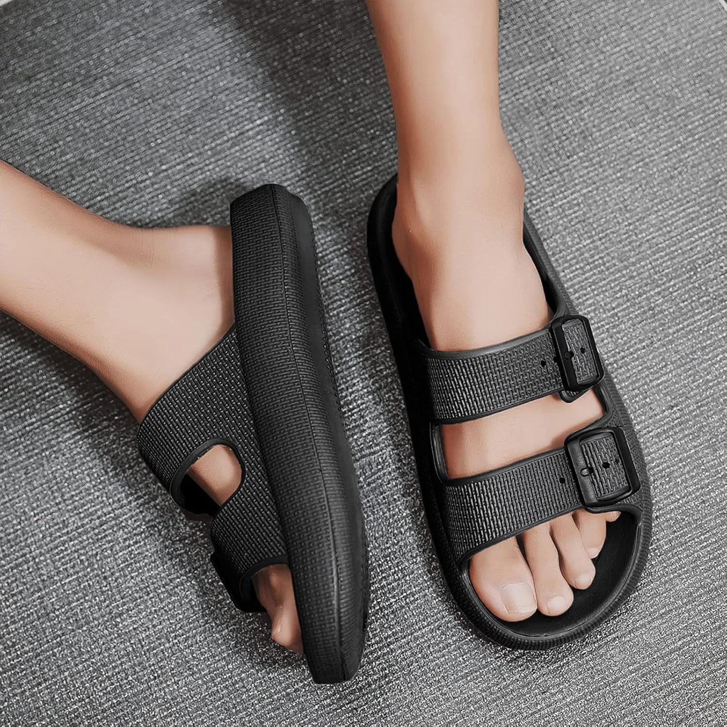 Unisex Double Buckle Sandals Adjustable EVA Comfort Flat Waterproof Rubber Cloud Slides Slippers