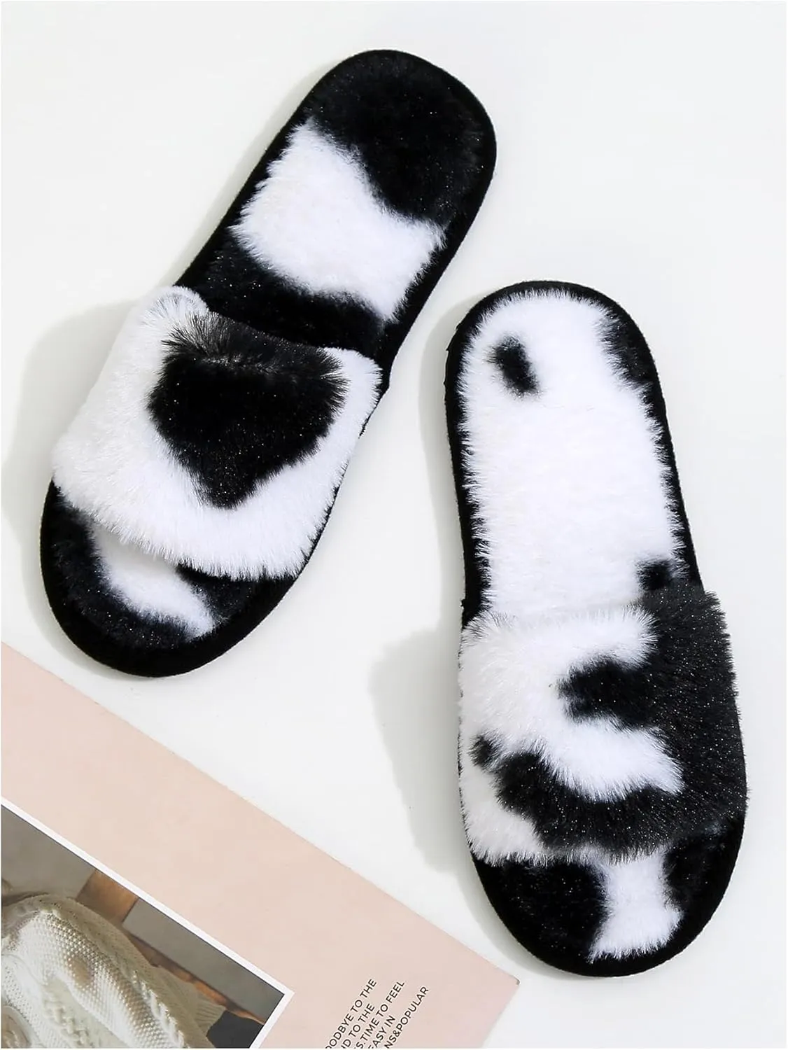 Verdusa Women's Cow Print Fuzzy House Bedroom Slippers Slip On Furry Slippers Shoes