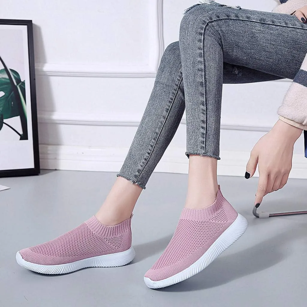 Women Casual Slip On Sneakers Breathable Knit Walking Shoes Lightweight Loafers Non Slip Comfortable Flats
