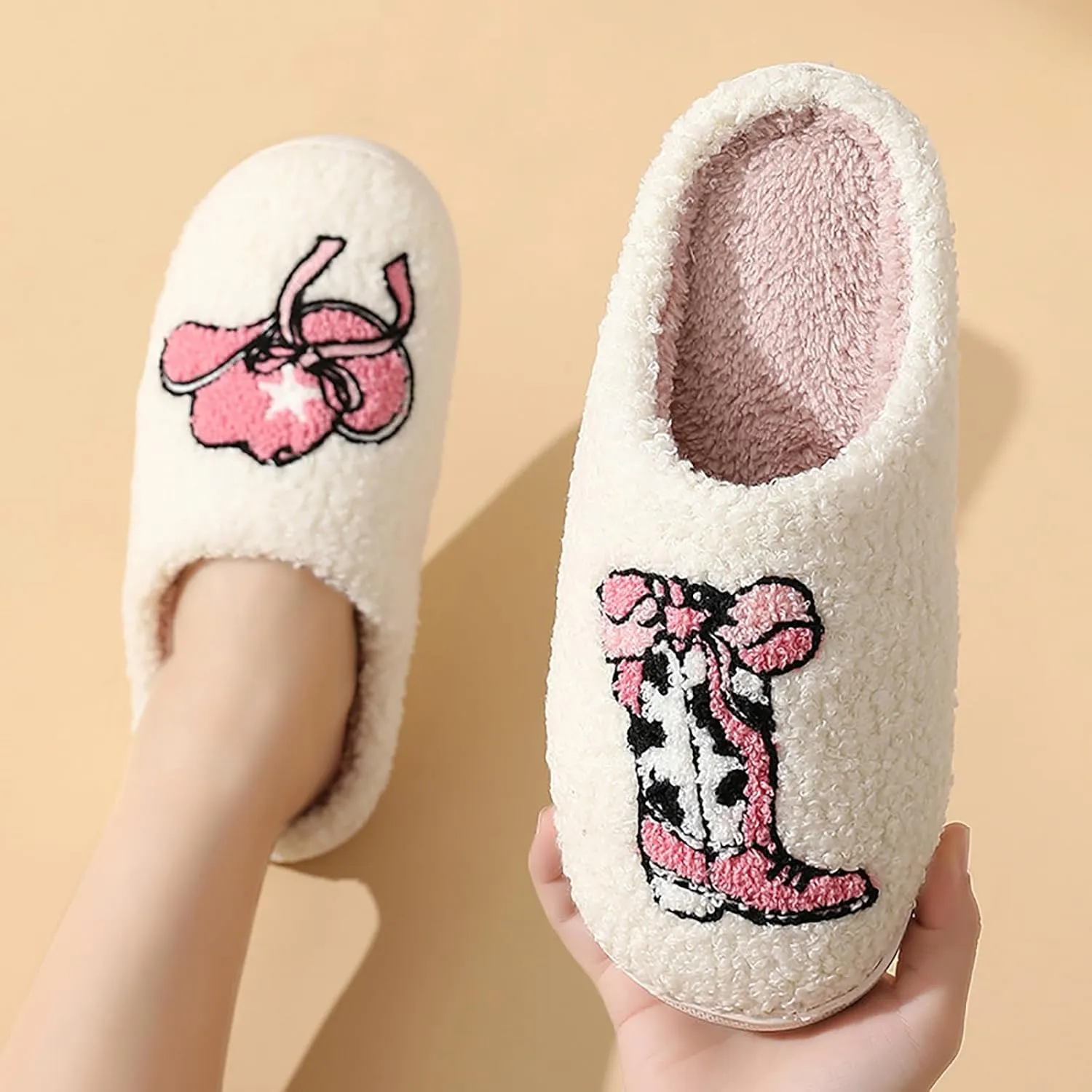 Women Retro Cowgirl Cowboy Boots Slippers Plush Embroidered Cowgirl Hat Slippers Winter Cozy Warm House Shoes Indoor Outdoor