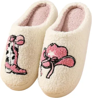 Women Retro Cowgirl Cowboy Boots Slippers Plush Embroidered Cowgirl Hat Slippers Winter Cozy Warm House Shoes Indoor Outdoor