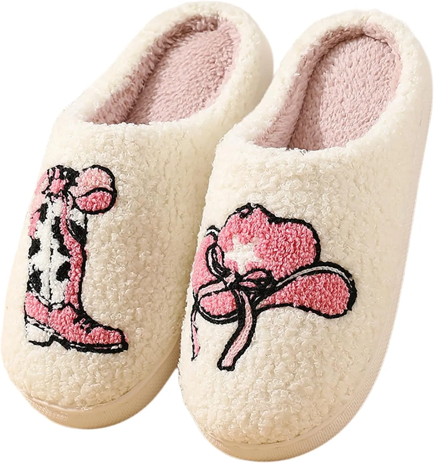 Women Retro Cowgirl Cowboy Boots Slippers Plush Embroidered Cowgirl Hat Slippers Winter Cozy Warm House Shoes Indoor Outdoor