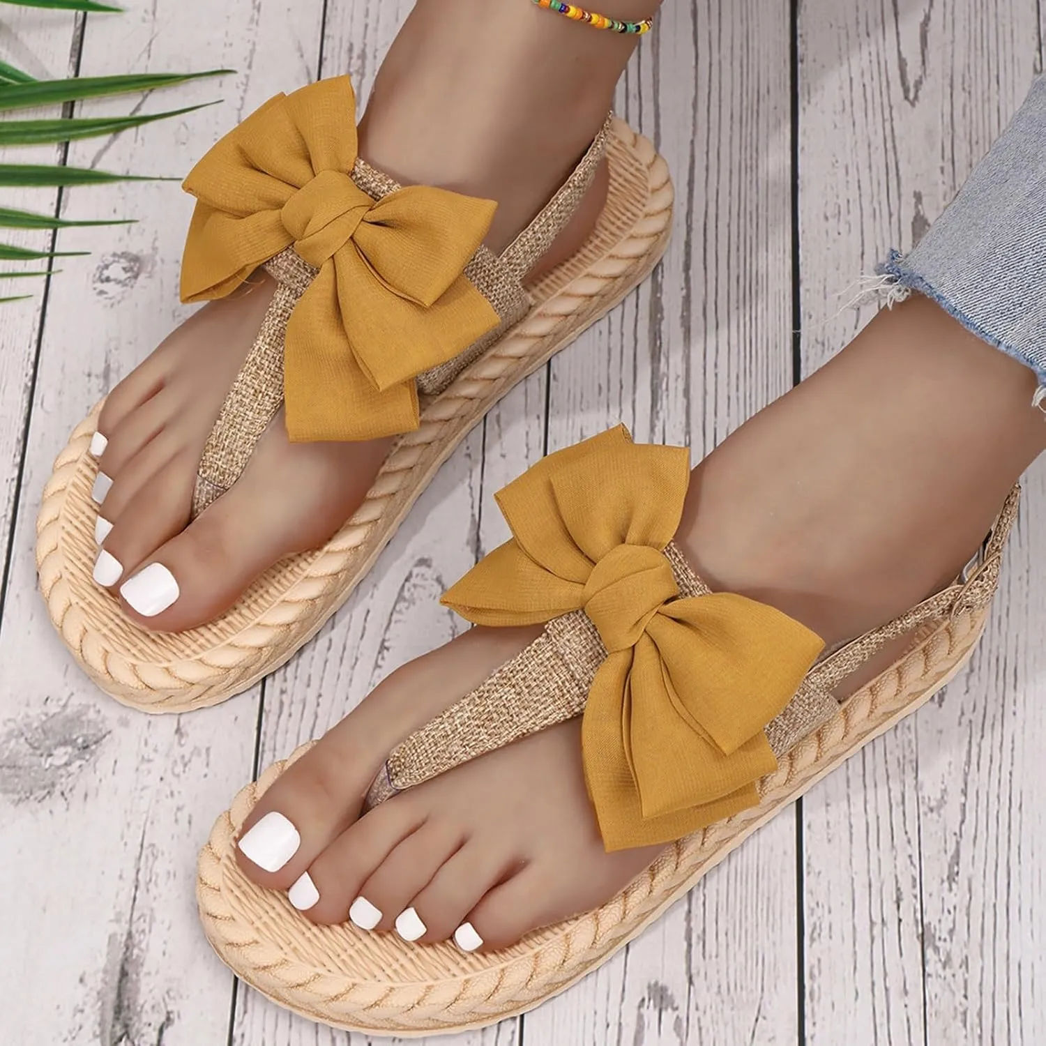 Women's Bow Summer Woven Flat Sandals 2025 Summer Trendy Open Toe Boho Casual Slip On Slide Sandals Casual Slingback Wide Width Comfortable Beach Vacation Walking Flip Flops