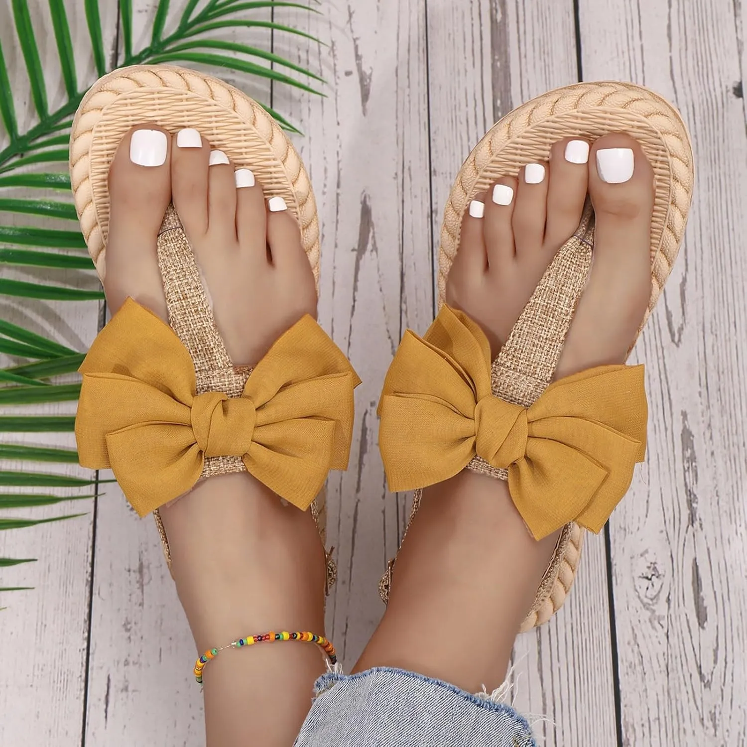 Women's Bow Summer Woven Flat Sandals 2025 Summer Trendy Open Toe Boho Casual Slip On Slide Sandals Casual Slingback Wide Width Comfortable Beach Vacation Walking Flip Flops