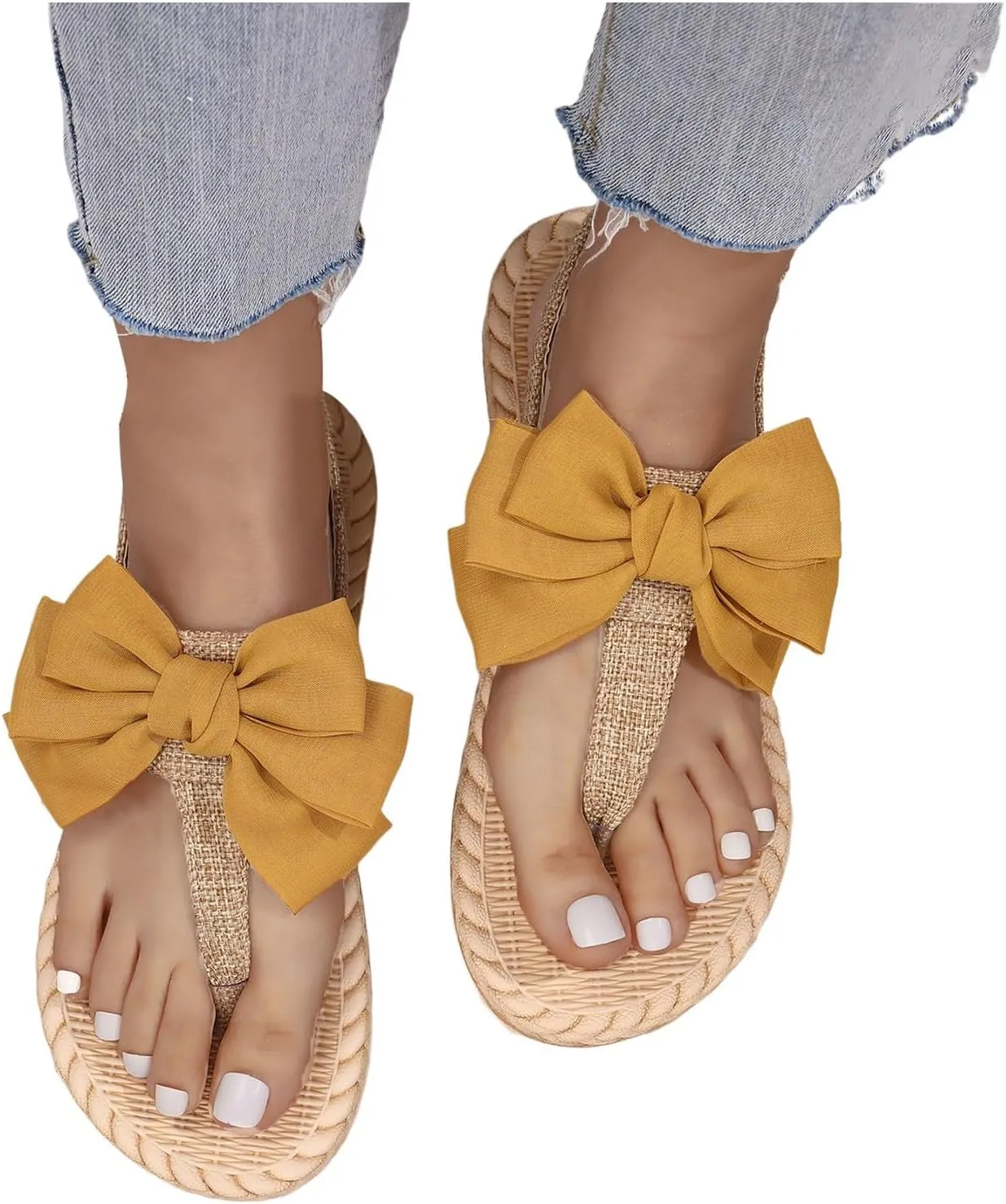 Women's Bow Summer Woven Flat Sandals 2025 Summer Trendy Open Toe Boho Casual Slip On Slide Sandals Casual Slingback Wide Width Comfortable Beach Vacation Walking Flip Flops