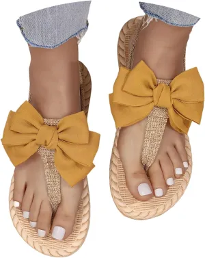 Women's Bow Summer Woven Flat Sandals 2025 Summer Trendy Open Toe Boho Casual Slip On Slide Sandals Casual Slingback Wide Width Comfortable Beach Vacation Walking Flip Flops
