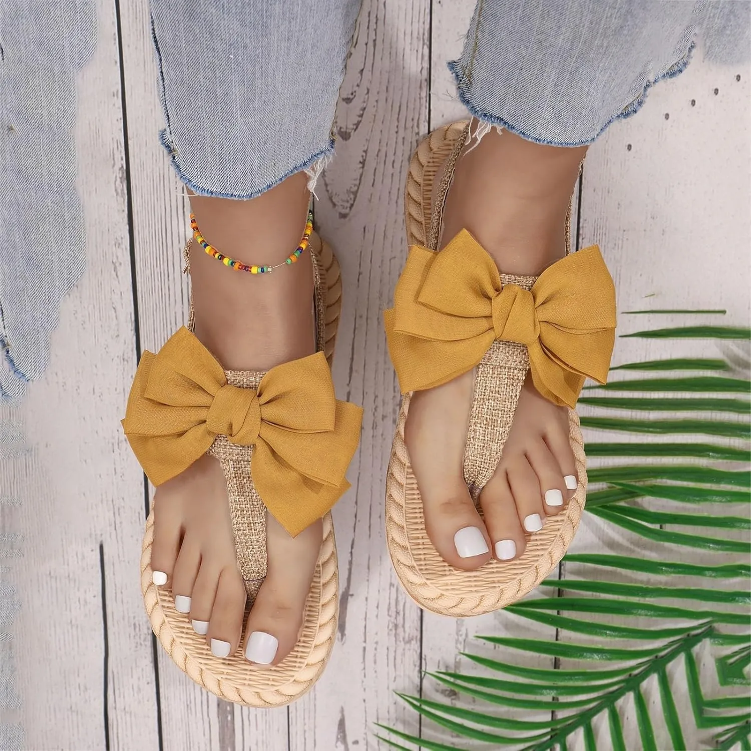 Women's Bow Summer Woven Flat Sandals 2025 Summer Trendy Open Toe Boho Casual Slip On Slide Sandals Casual Slingback Wide Width Comfortable Beach Vacation Walking Flip Flops