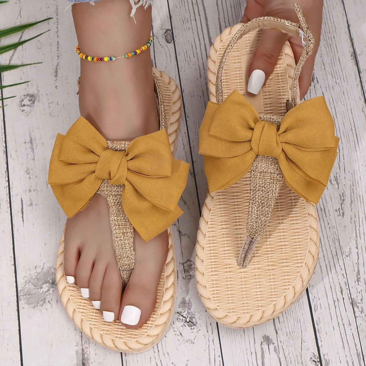 Women's Bow Summer Woven Flat Sandals 2025 Summer Trendy Open Toe Boho Casual Slip On Slide Sandals Casual Slingback Wide Width Comfortable Beach Vacation Walking Flip Flops