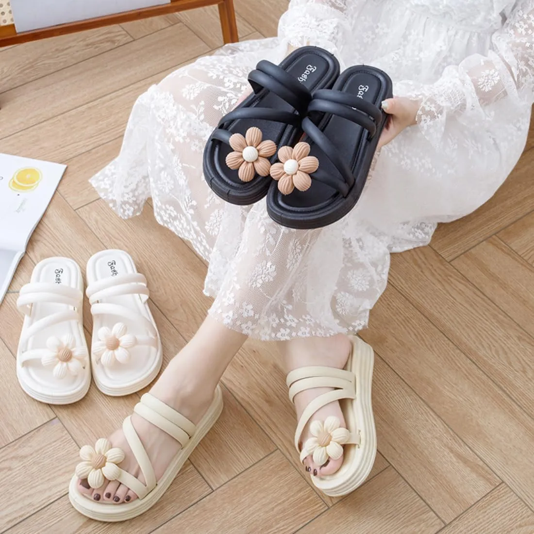 Women’s EVA Platform Flip Flops with 3D Cute Flower Soft Sandals Non-Slip Cushioned Slippers for Indoor & Outdoor
