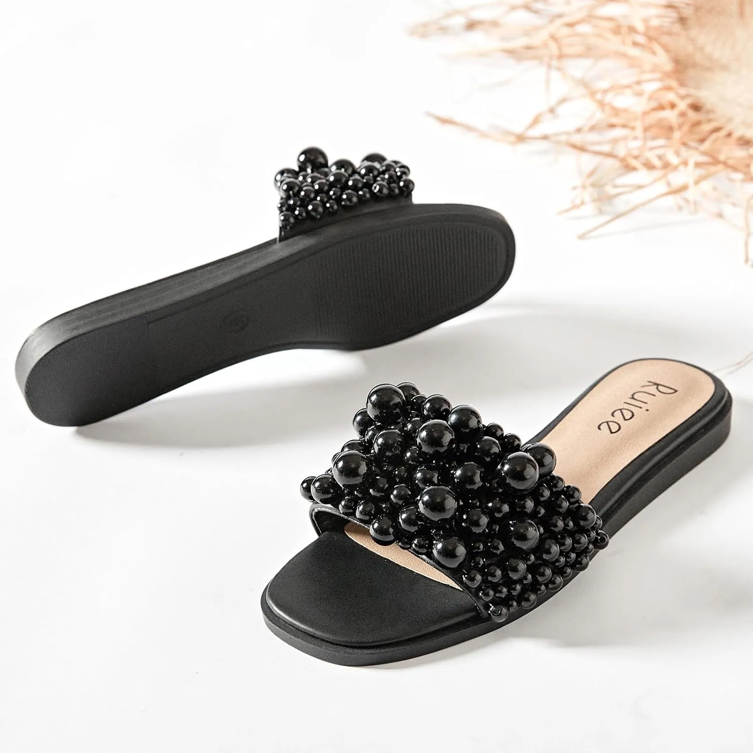 Women's Flat Slides Sandals, Pearl Decor Sparkly Bling Dressy Slides Comfortable Casual Bride Wedding Summer Slip on Sandals for Women.