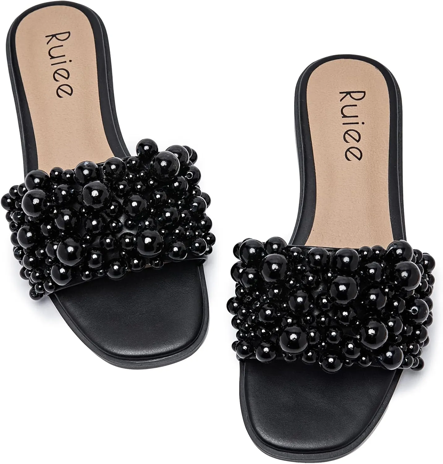 Women's Flat Slides Sandals, Pearl Decor Sparkly Bling Dressy Slides Comfortable Casual Bride Wedding Summer Slip on Sandals for Women.