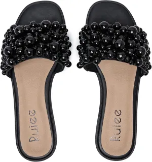 Women's Flat Slides Sandals, Pearl Decor Sparkly Bling Dressy Slides Comfortable Casual Bride Wedding Summer Slip on Sandals for Women.