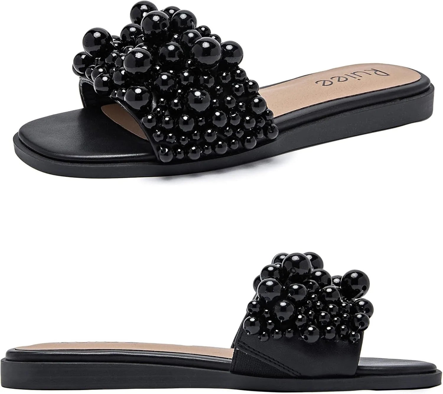 Women's Flat Slides Sandals, Pearl Decor Sparkly Bling Dressy Slides Comfortable Casual Bride Wedding Summer Slip on Sandals for Women.