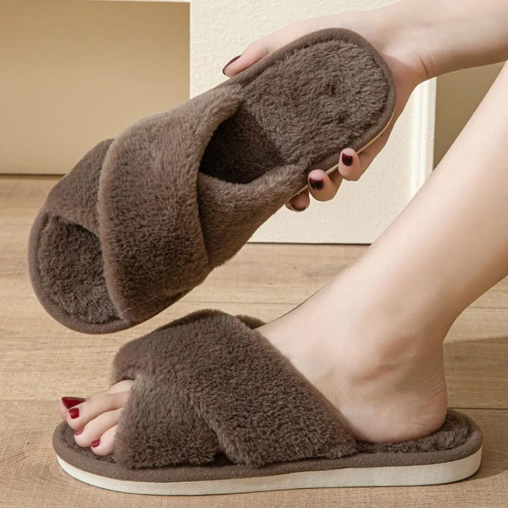 Womens Fuzzy Slippers Memory Foam Slippers Cozy Plush Home Slippers Open Toe House Shoes Indoor Outdoor Slide Slipper Home Shoes Indoor Slippers