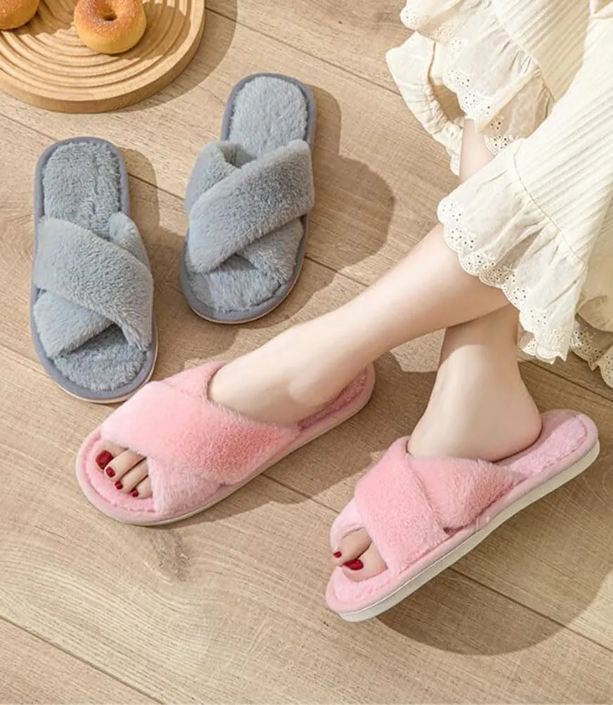 Womens Fuzzy Slippers Memory Foam Slippers Cozy Plush Home Slippers Open Toe House Shoes Indoor Outdoor Slide Slipper Home Shoes Indoor Slippers