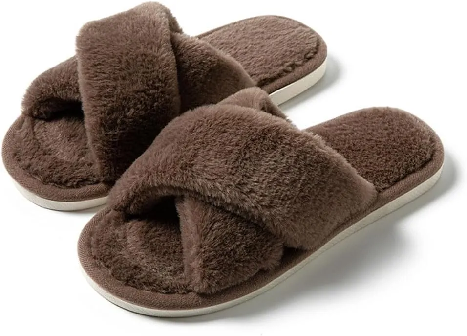 Womens Fuzzy Slippers Memory Foam Slippers Cozy Plush Home Slippers Open Toe House Shoes Indoor Outdoor Slide Slipper Home Shoes Indoor Slippers