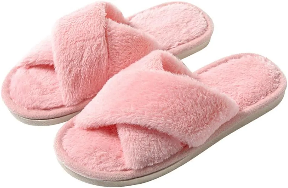 Womens Fuzzy Slippers Memory Foam Slippers Cozy Plush Home Slippers Open Toe House Shoes Indoor Outdoor Slide Slipper Home Shoes Indoor Slippers