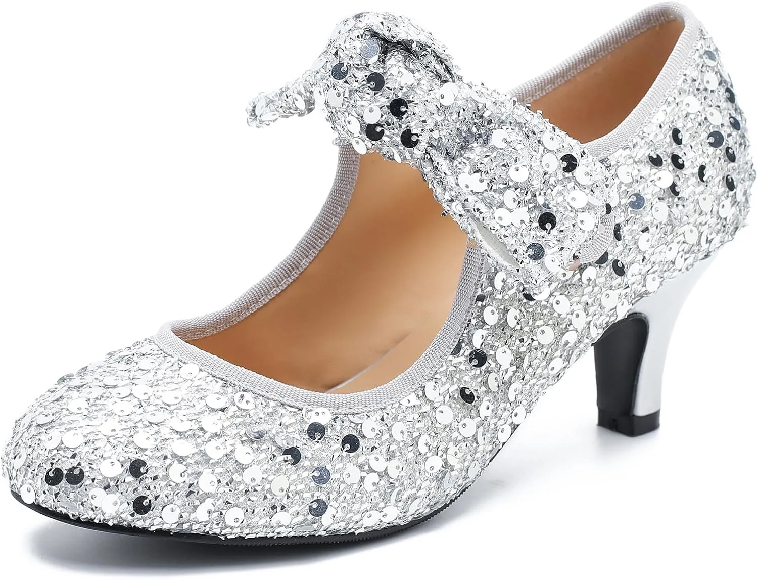 Women's Low Kitten Heels with Bow Mary Jane Sequin Pumps Comfortable Vintage Dance Wedding Dress Shoes