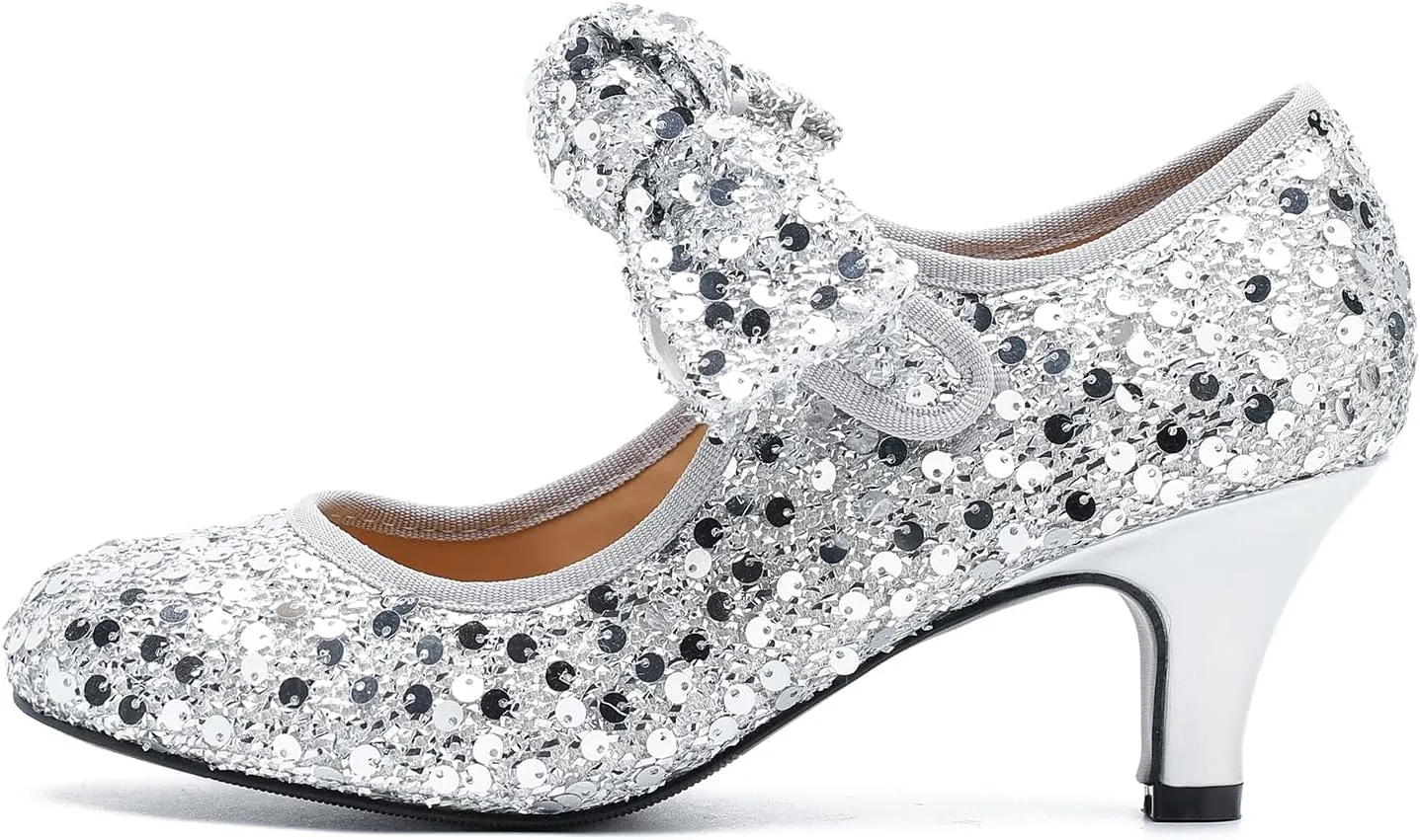 Women's Low Kitten Heels with Bow Mary Jane Sequin Pumps Comfortable Vintage Dance Wedding Dress Shoes