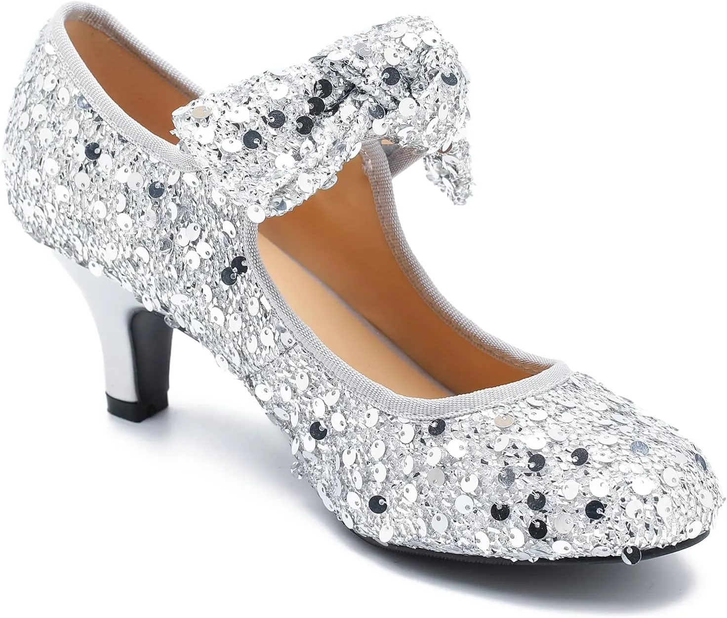 Women's Low Kitten Heels with Bow Mary Jane Sequin Pumps Comfortable Vintage Dance Wedding Dress Shoes